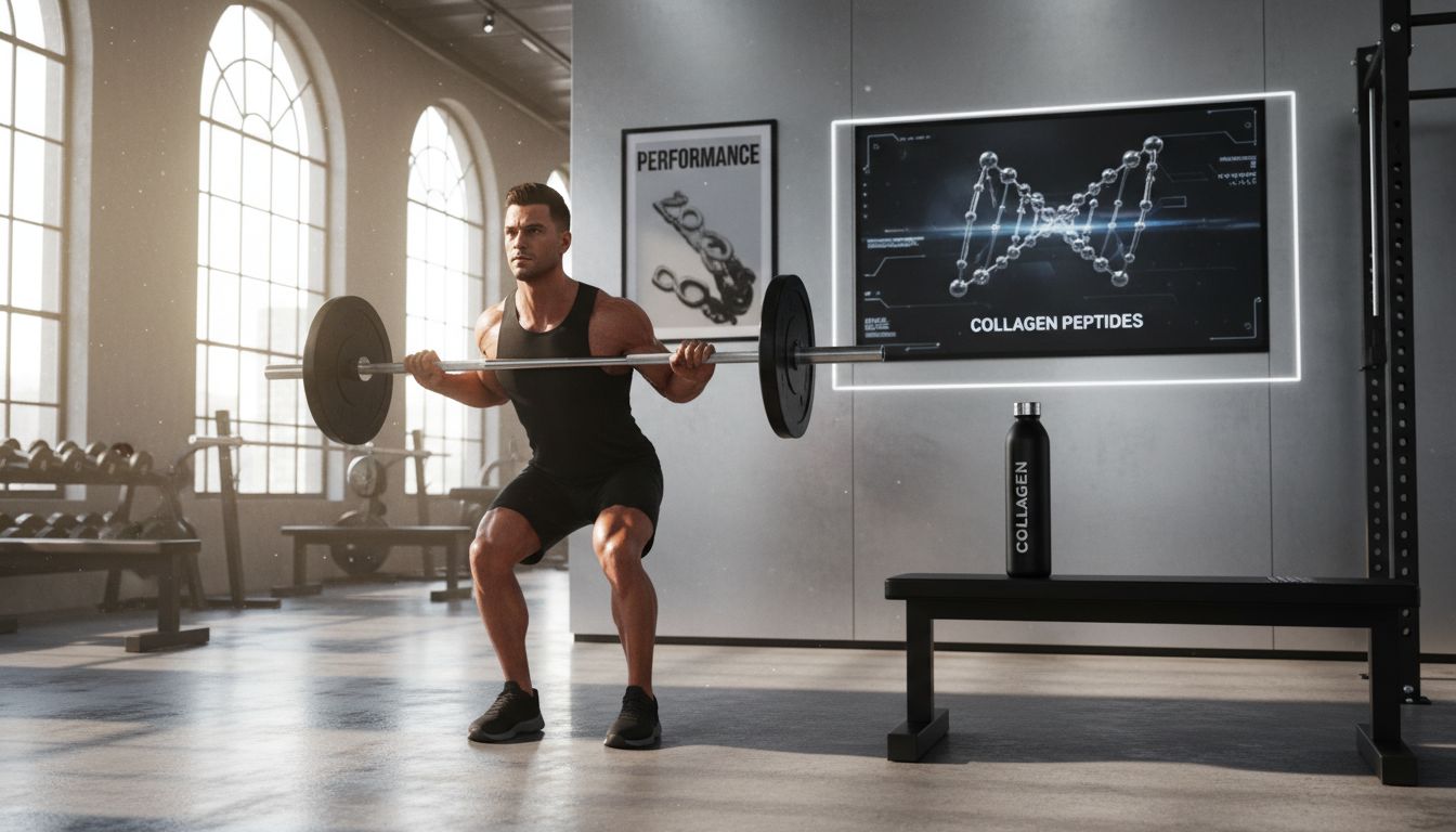 Athlete lifting weights with collagen diagram