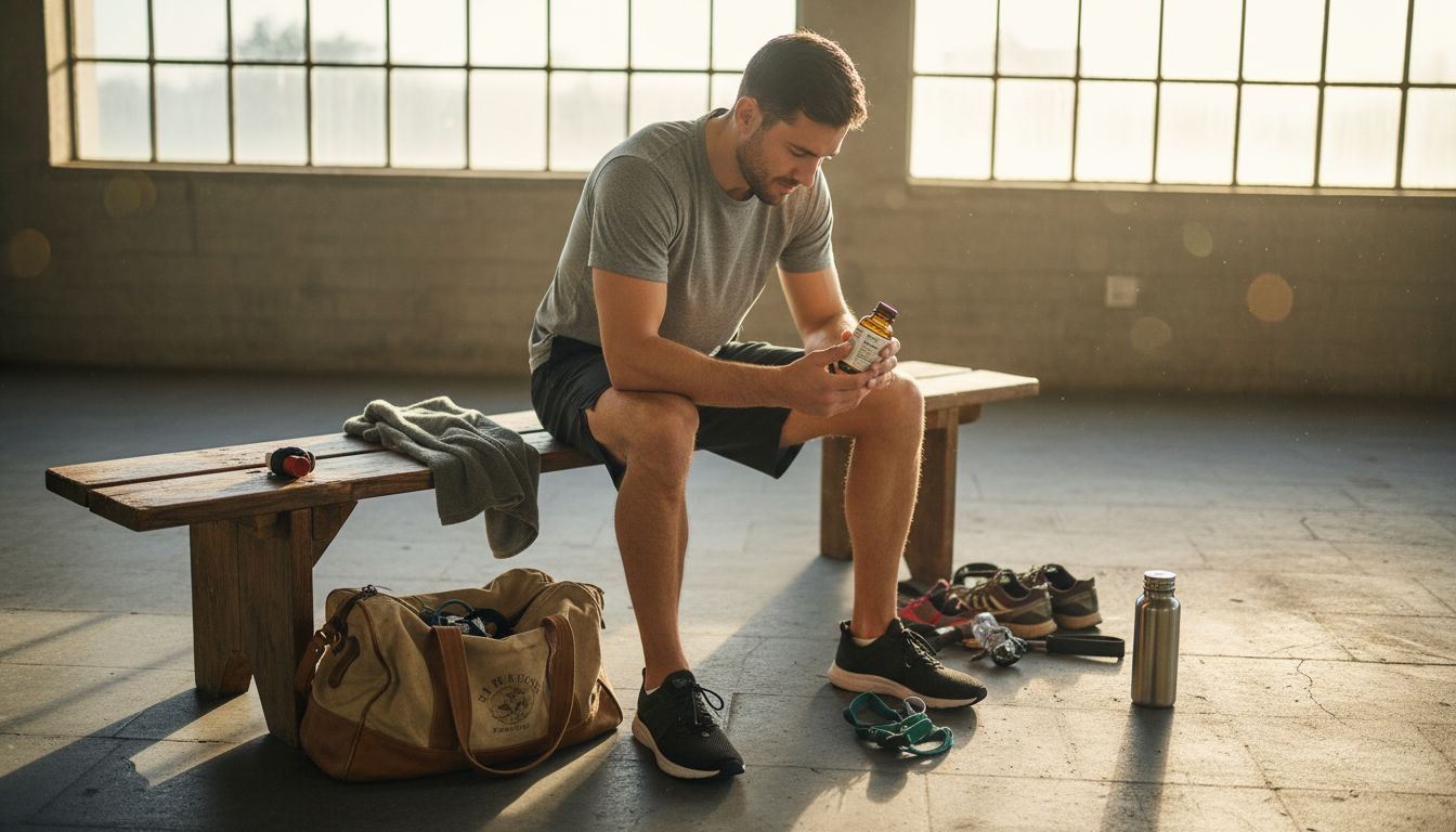 Athlete examines collagen product in gym lounge