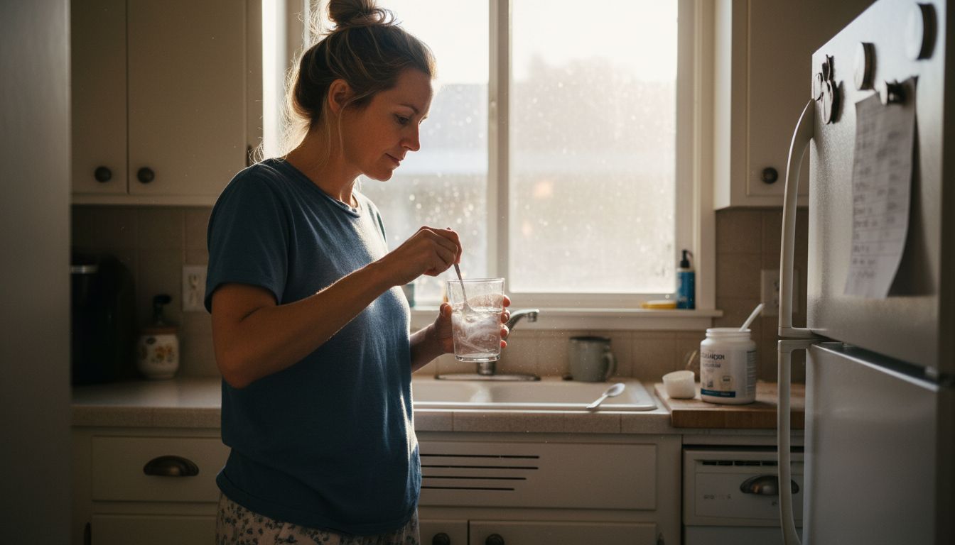 Woman mixing collagen in small kitchen