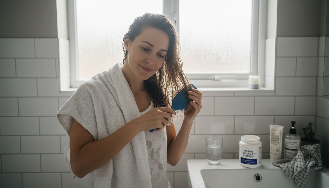 Woman brushing hair in morning bathroom