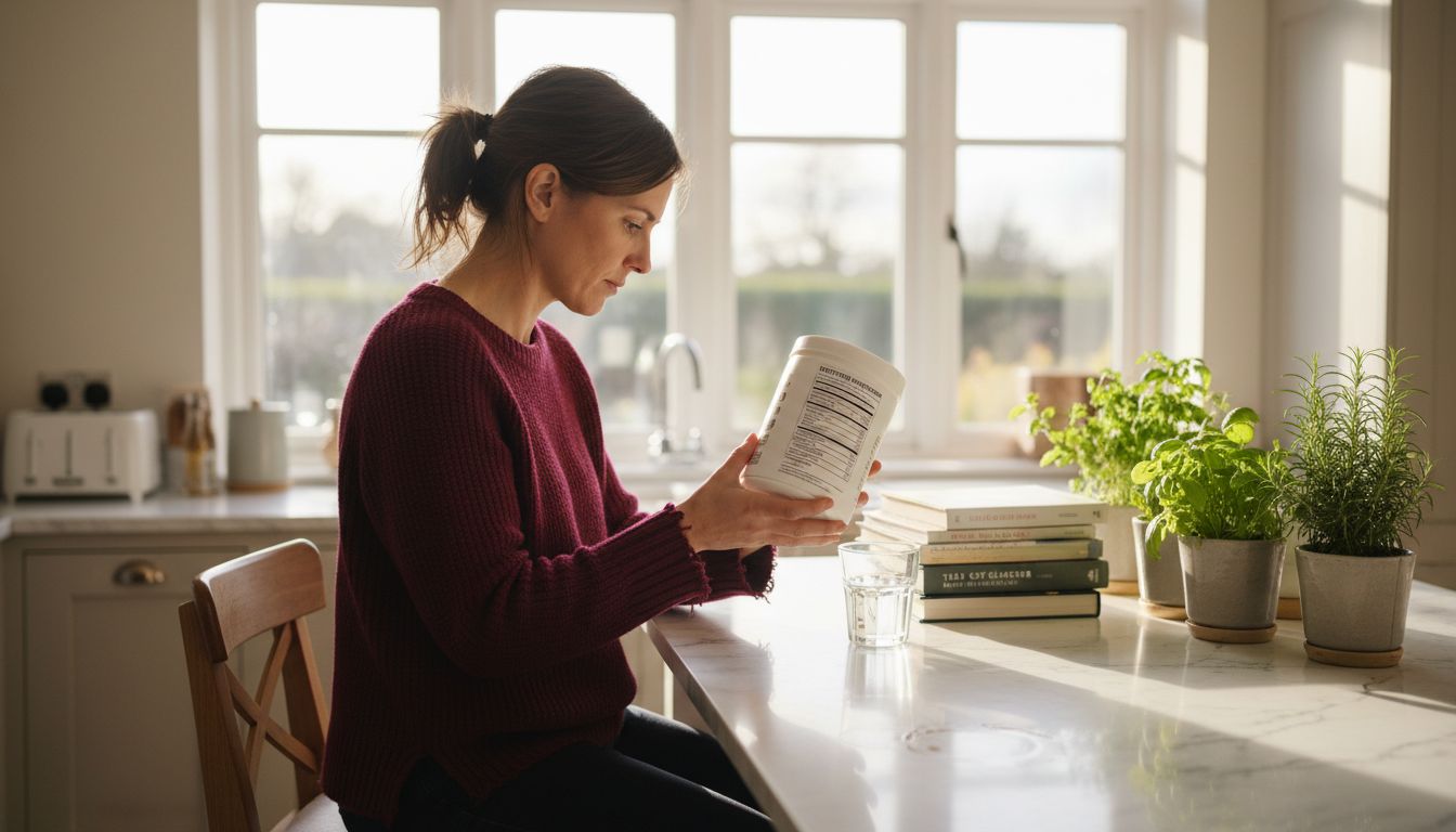 Woman studying collagen supplement in kitchen
