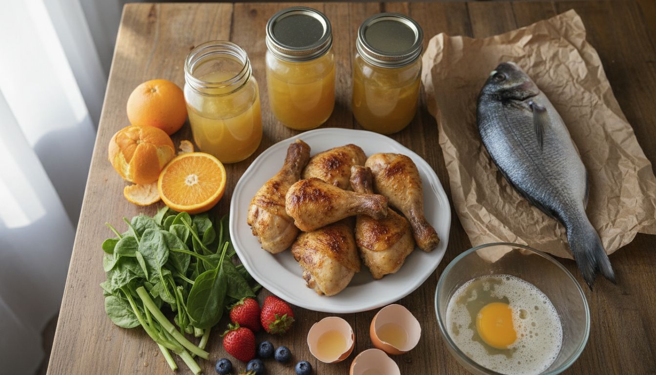 Assorted collagen-rich foods arranged on kitchen table