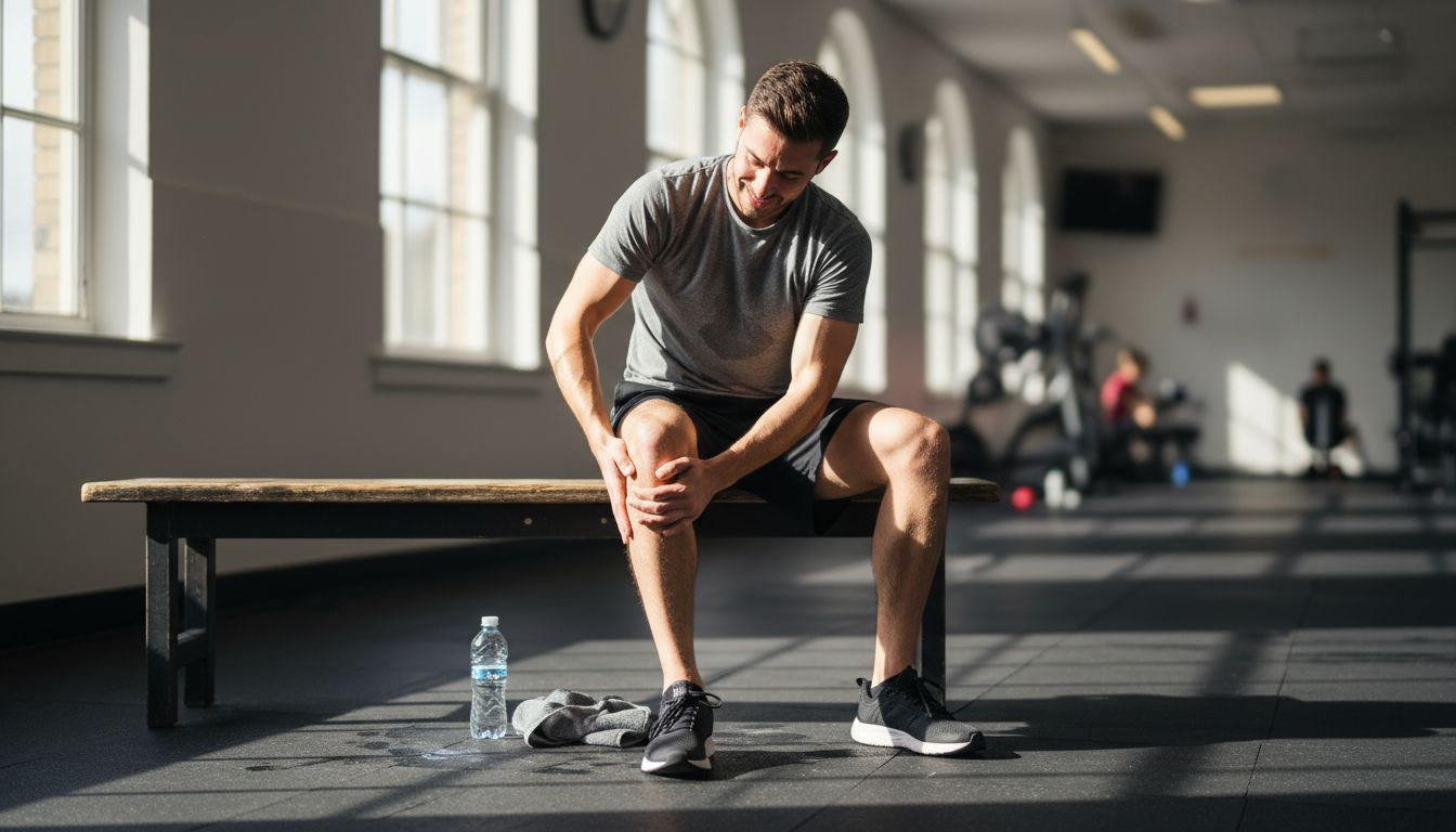 Runner massaging calf after workout in gym