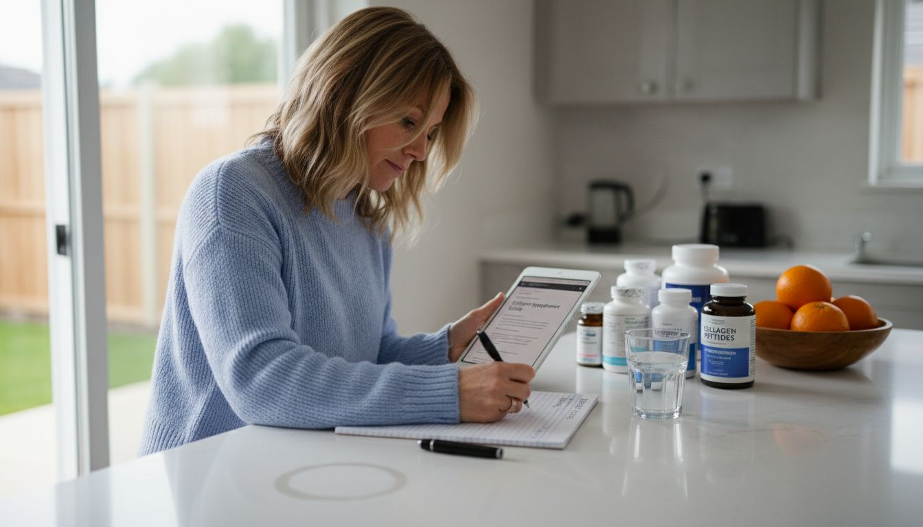 Woman making a collagen supplement checklist at kitchen island