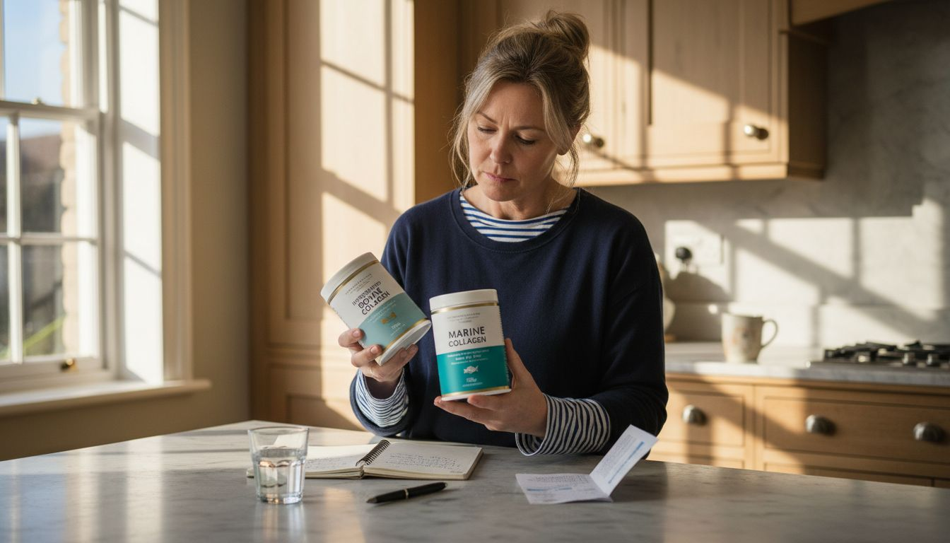 Woman comparing two collagen supplement tubs