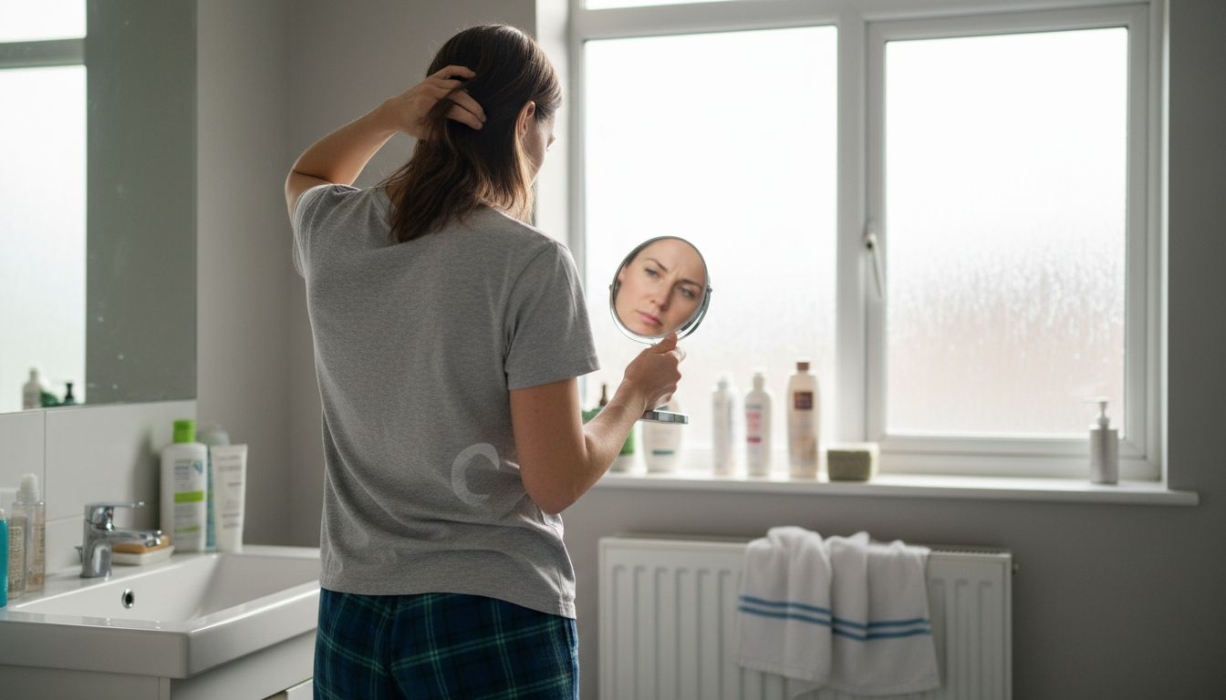 Woman checking hair in bathroom mirror
