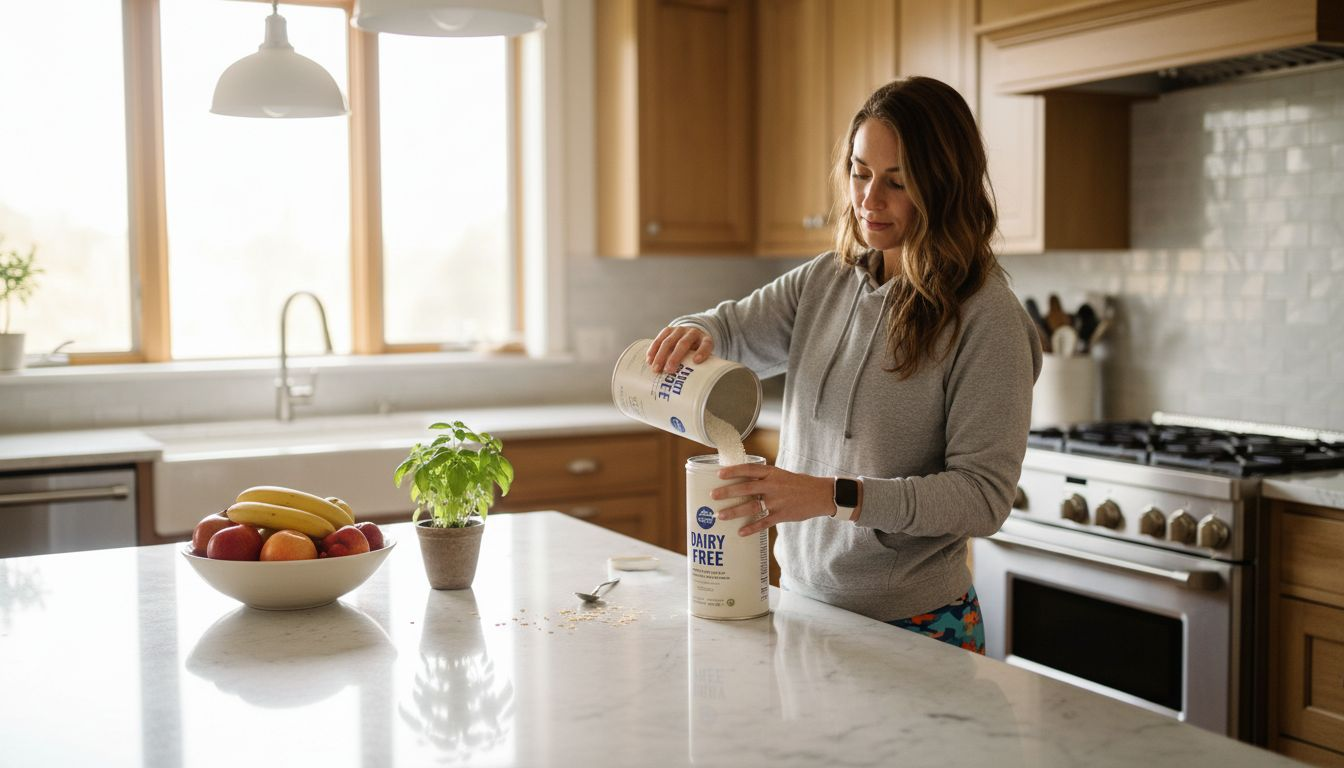 Woman preparing dairy free supplement in kitchen