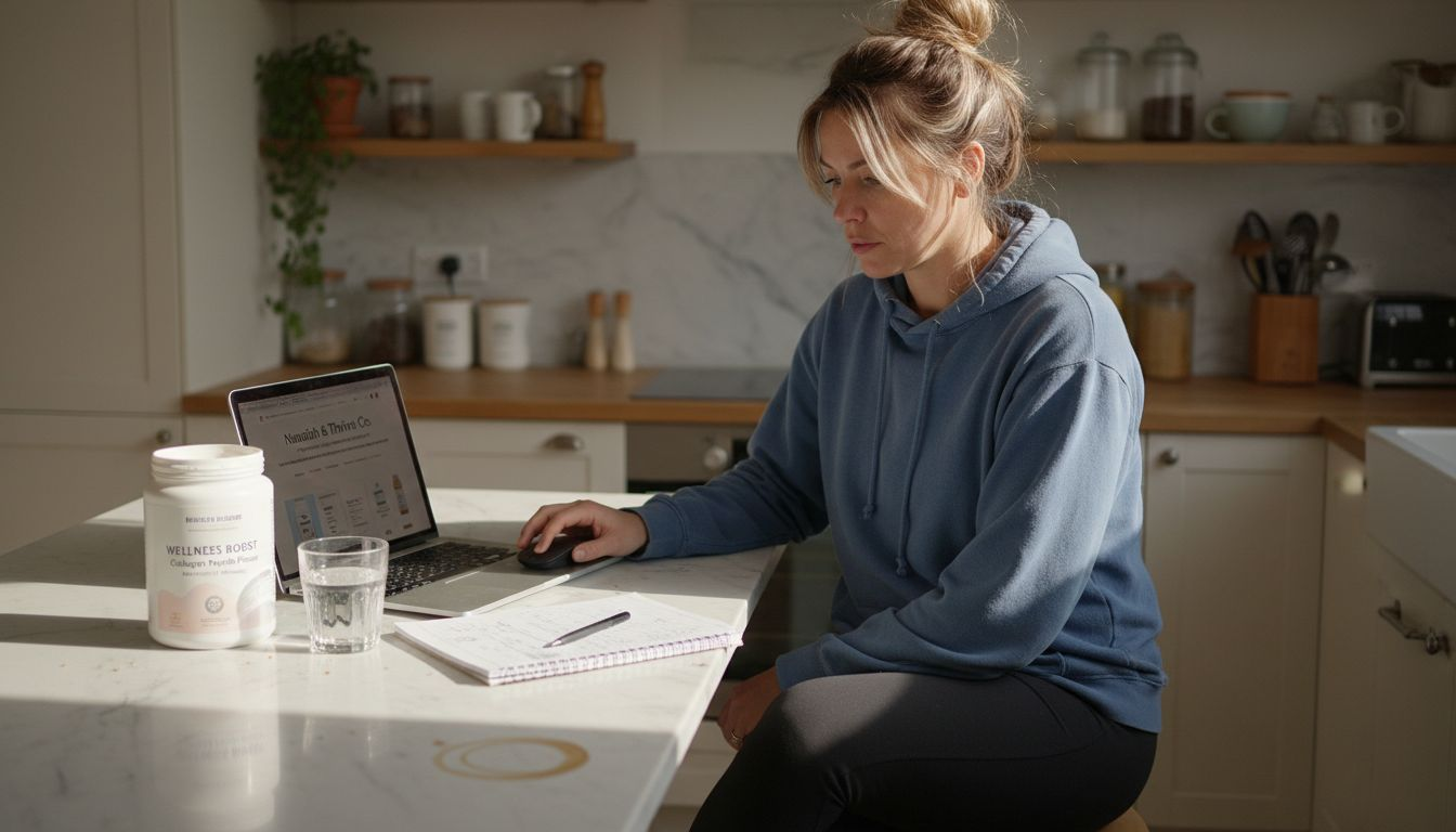 Woman researching collagen supplements at kitchen island