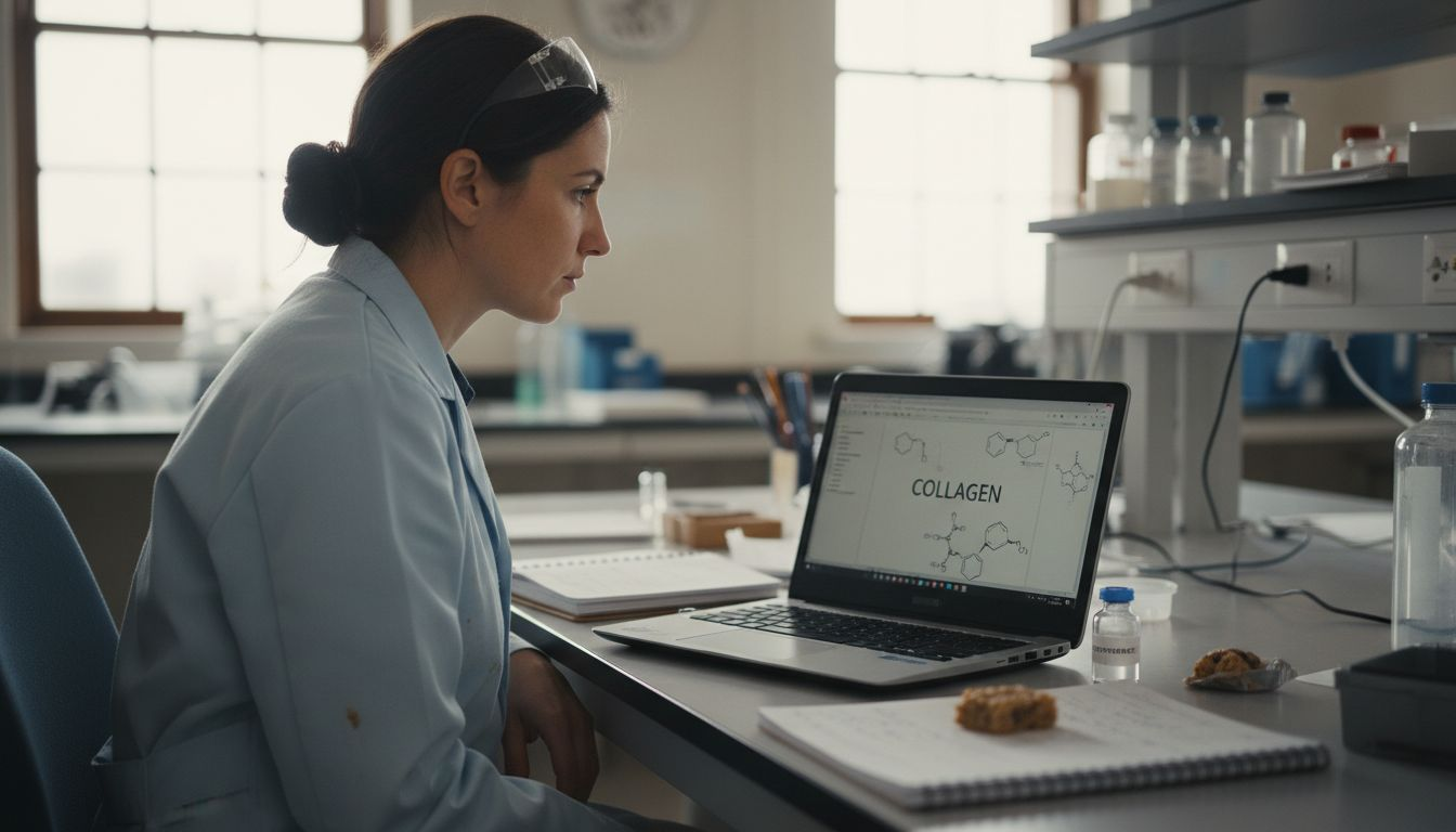 Scientist reviewing collagen amino acid diagrams