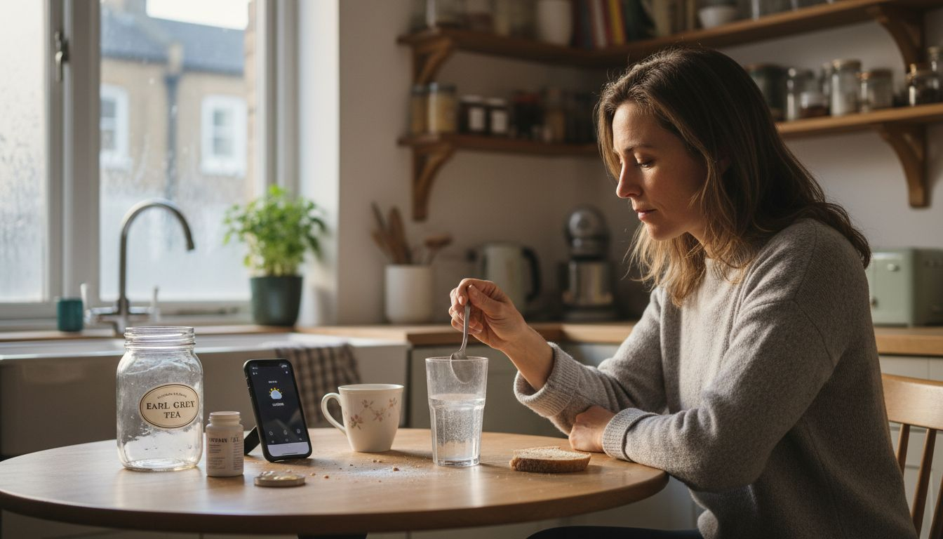 UK woman mixing collagen powder at kitchen table