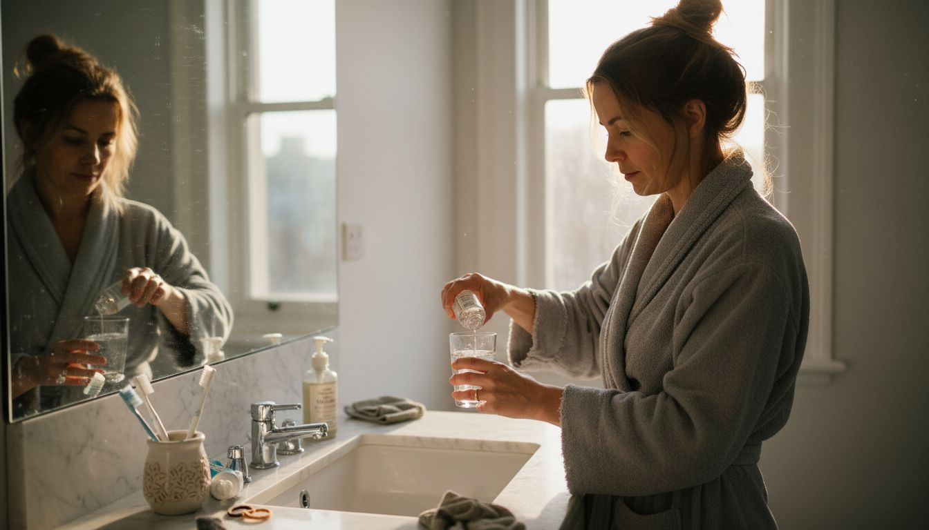 Woman preparing collagen at bathroom sink