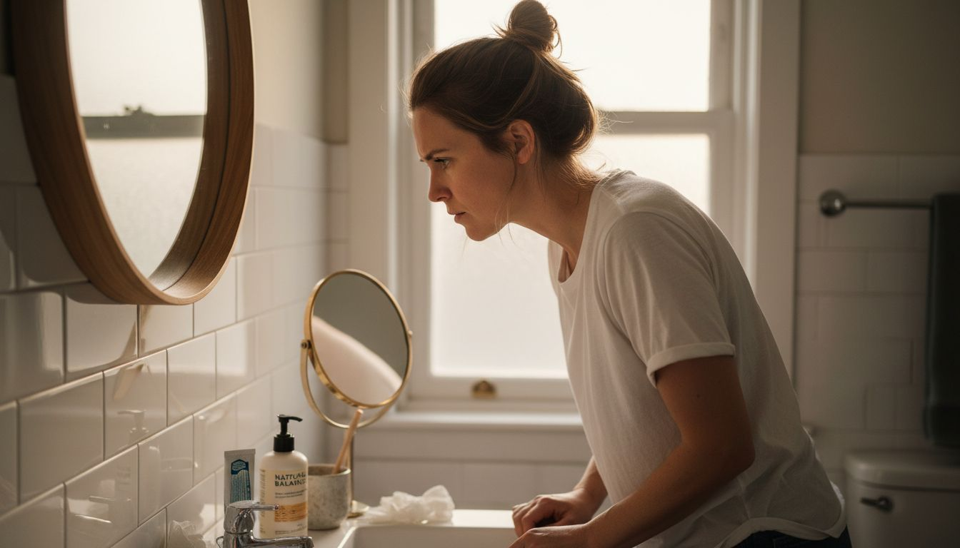 Woman checking facial skin in daylight
