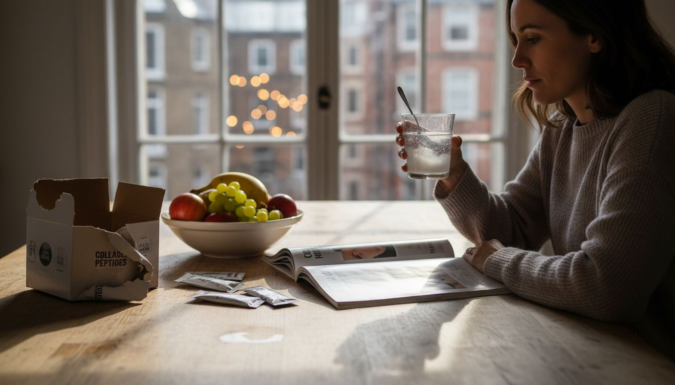 Woman taking collagen in sunlit kitchen