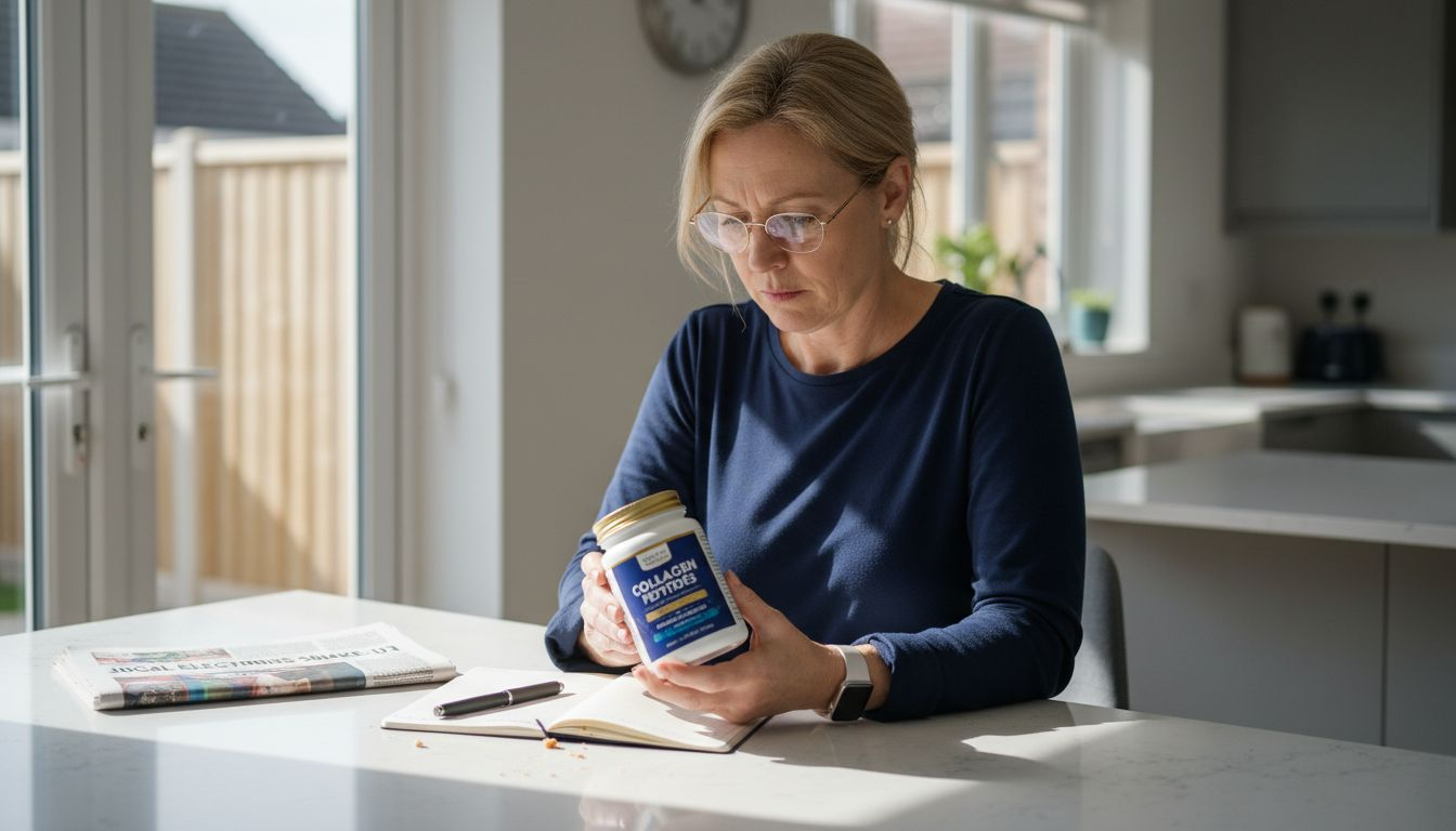 Woman inspecting collagen supplement label