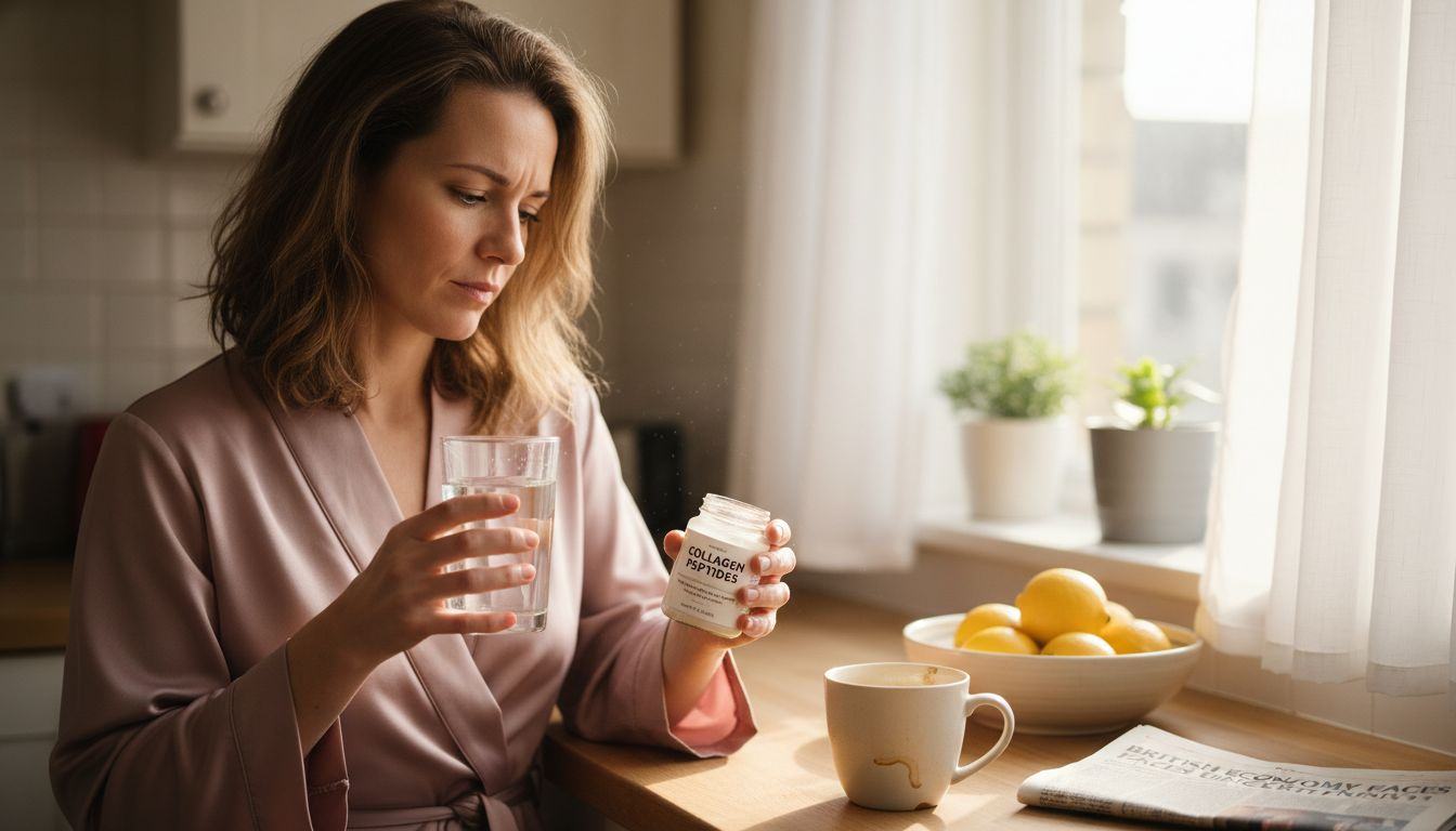Woman holding collagen in sunlit kitchen