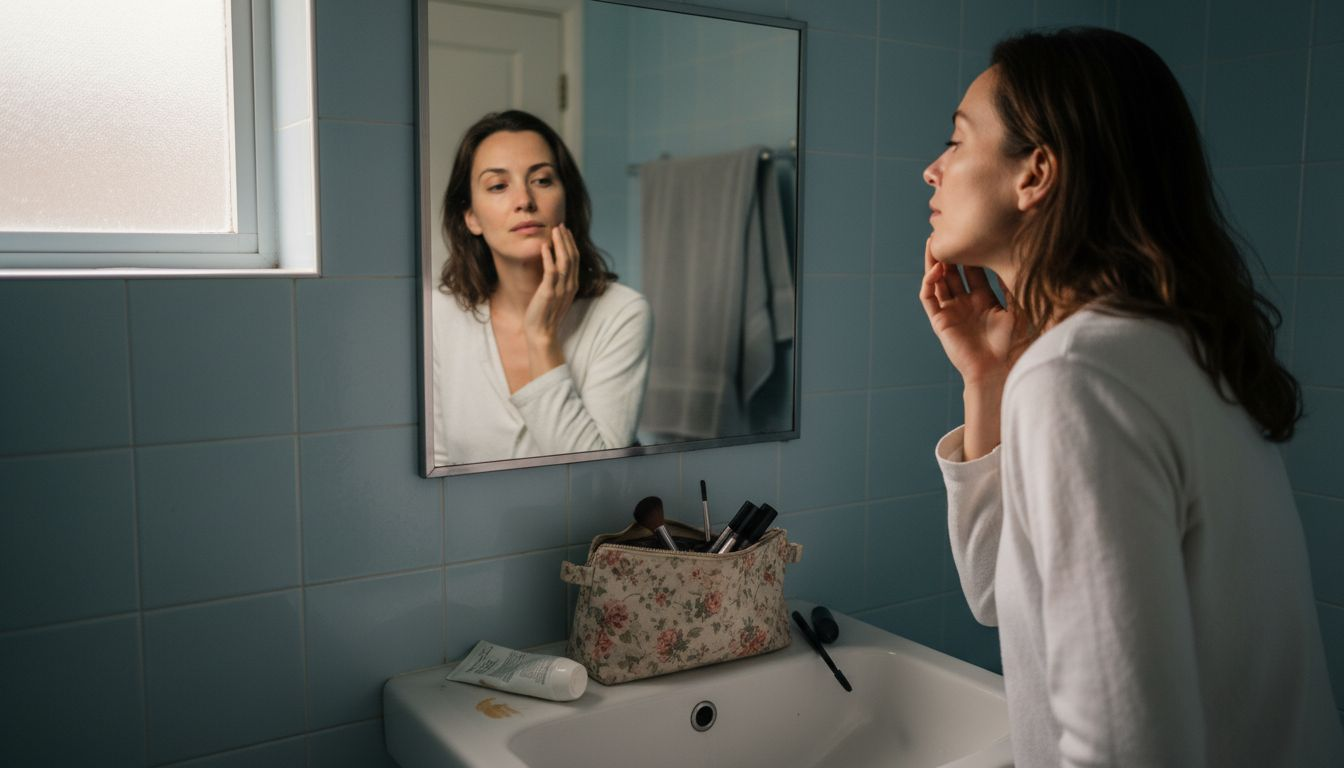 Woman checking skin for firmness and dryness