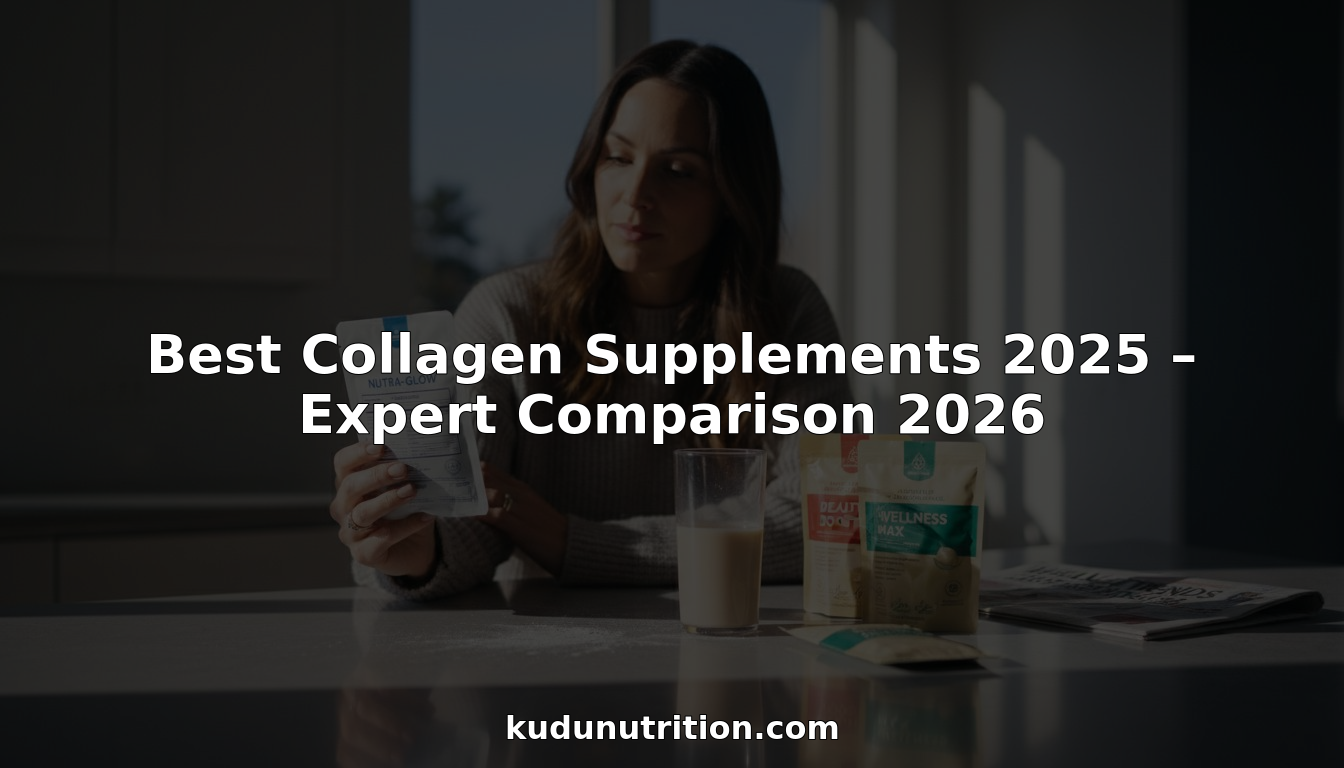 Woman comparing collagen supplement packets at kitchen