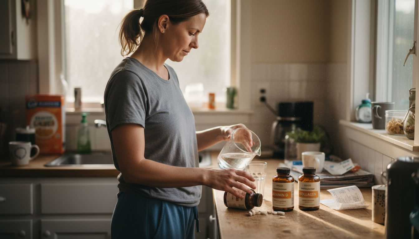 Woman sorting bone health supplements at kitchen counter