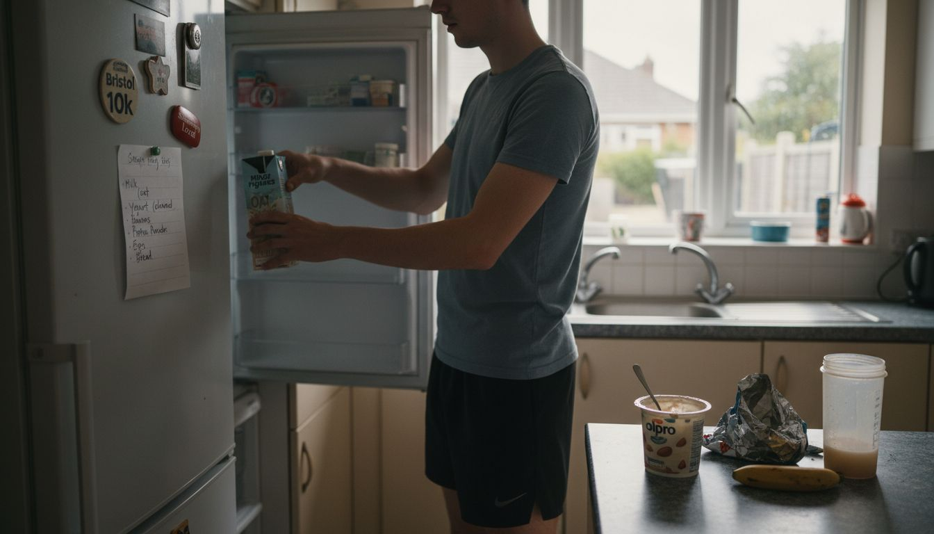 Athlete in UK kitchen picking dairy alternatives