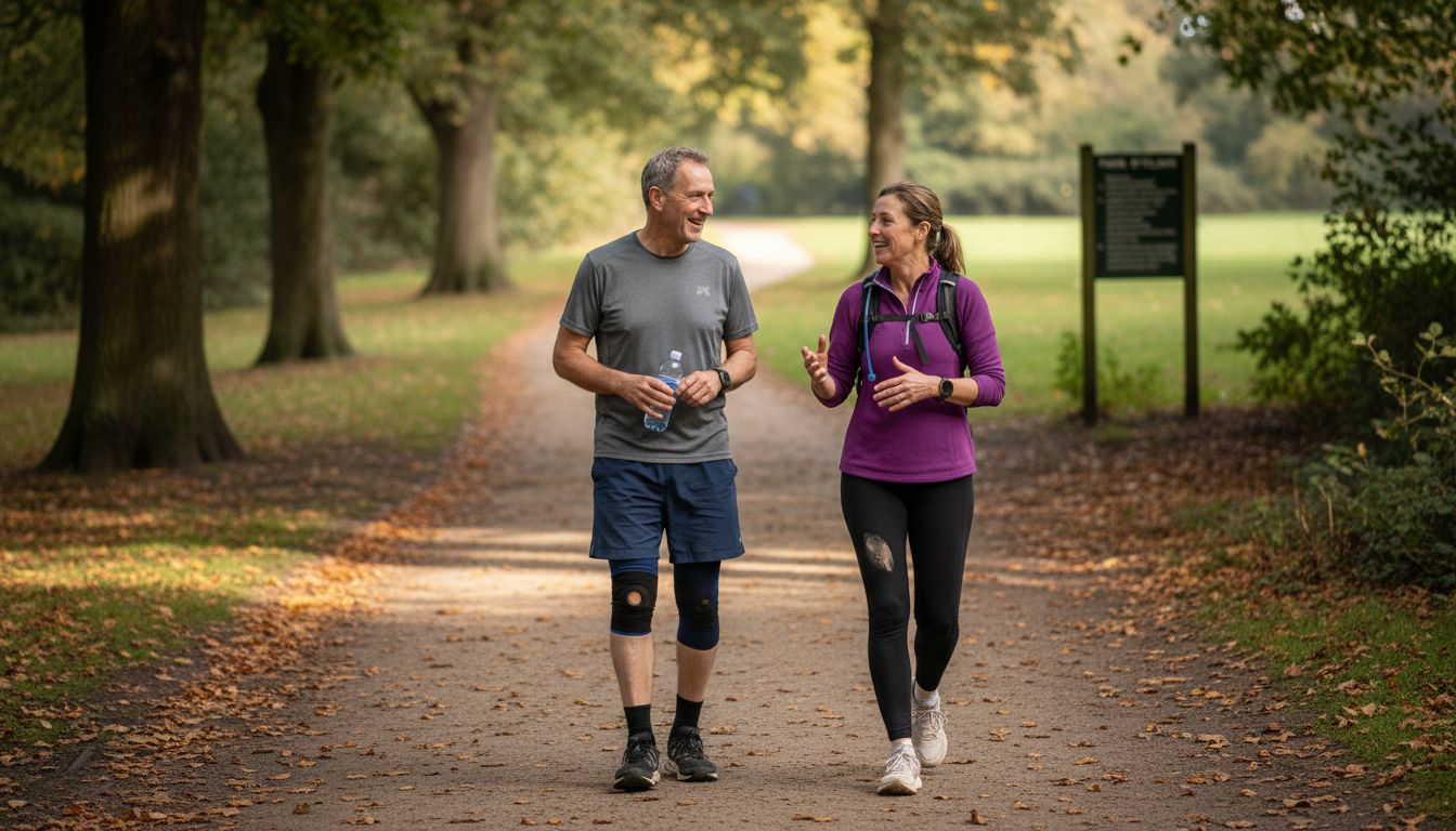 Active adults walking in park with knee brace