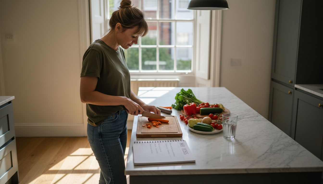 Woman preparing vegetables at kitchen counter