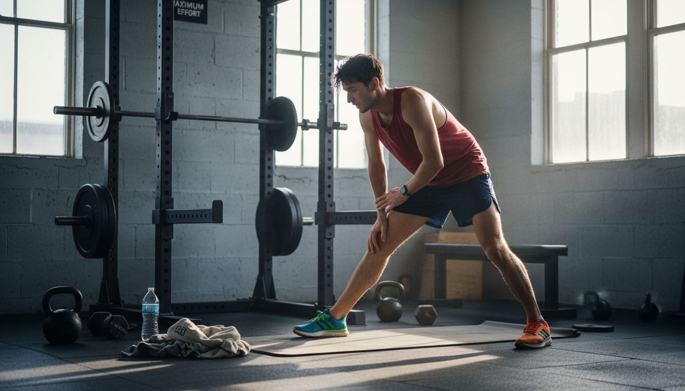 Runner stretching in sunlit gym during recovery