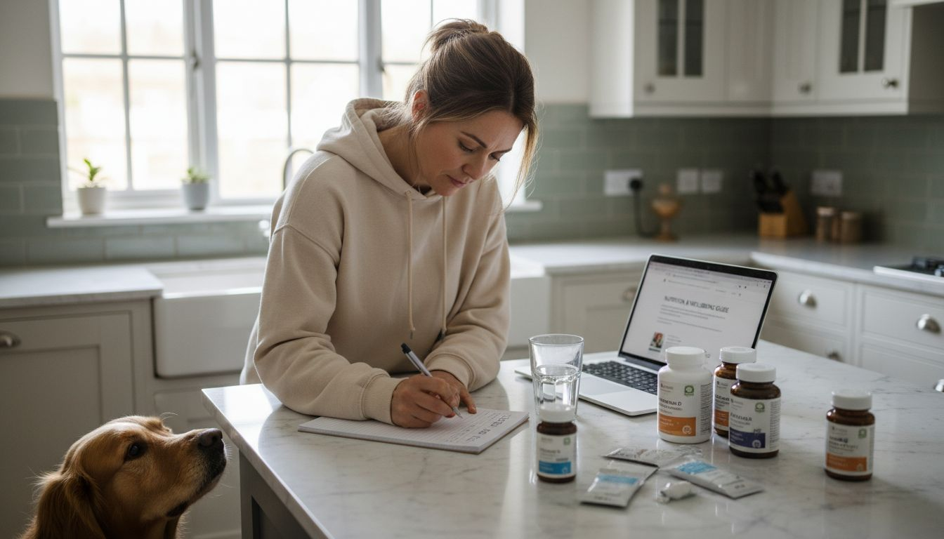 Woman making supplement checklist in bright home kitchen