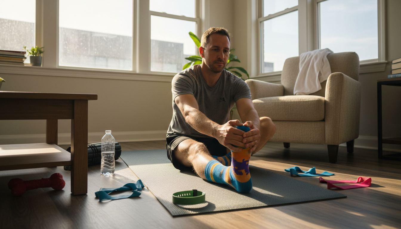 Man stretching in cozy post-workout living room