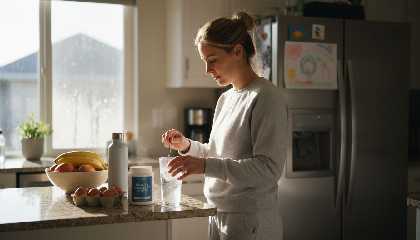Woman mixing collagen powder in sunlit kitchen