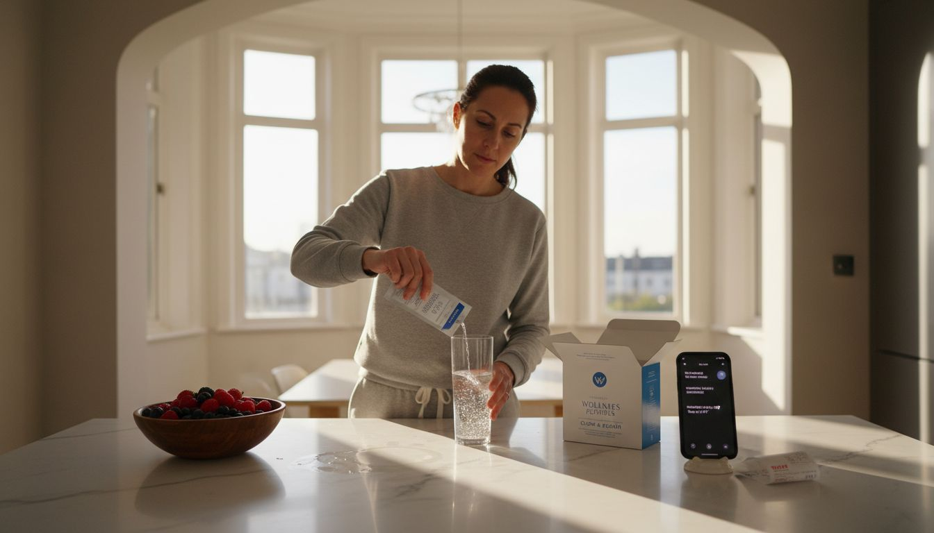 Woman preparing collagen drink in bright kitchen