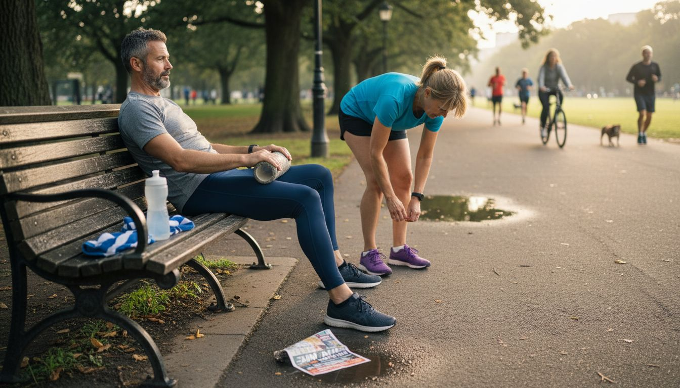 Two active adults stretching for joint health in park