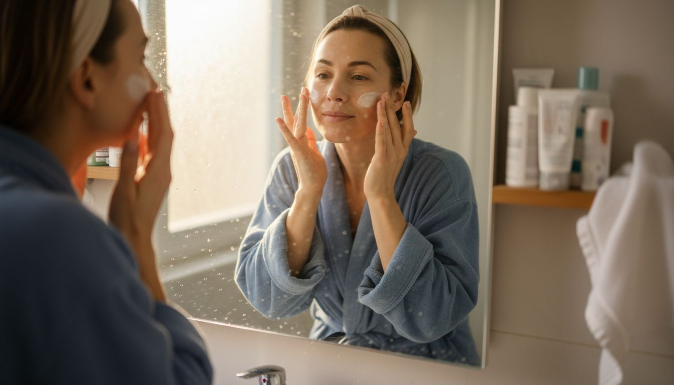Woman applies moisturizer in home bathroom