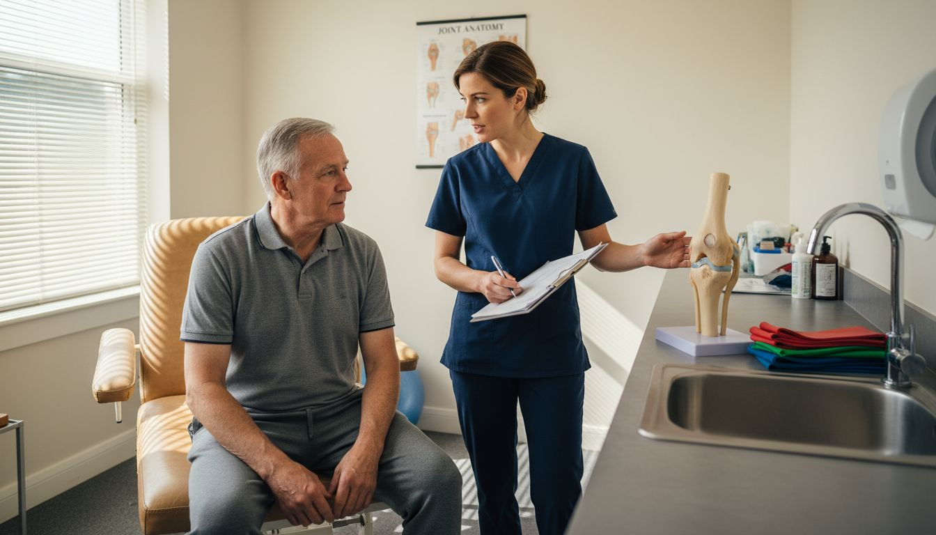 Physiotherapist assessing joint health in clinic