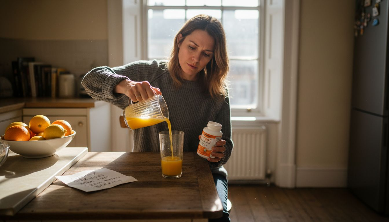 Woman preparing Vitamin C at breakfast table