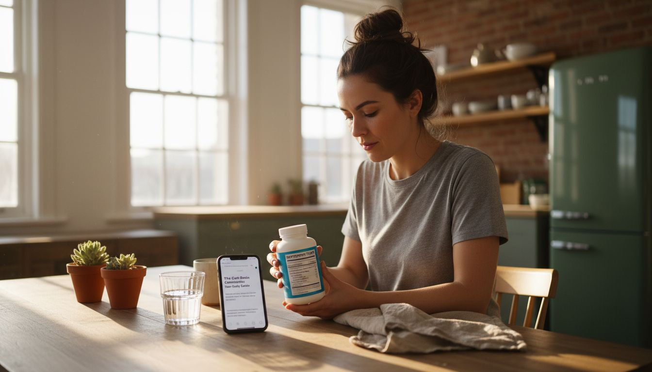 Woman reading collagen supplement label in kitchen