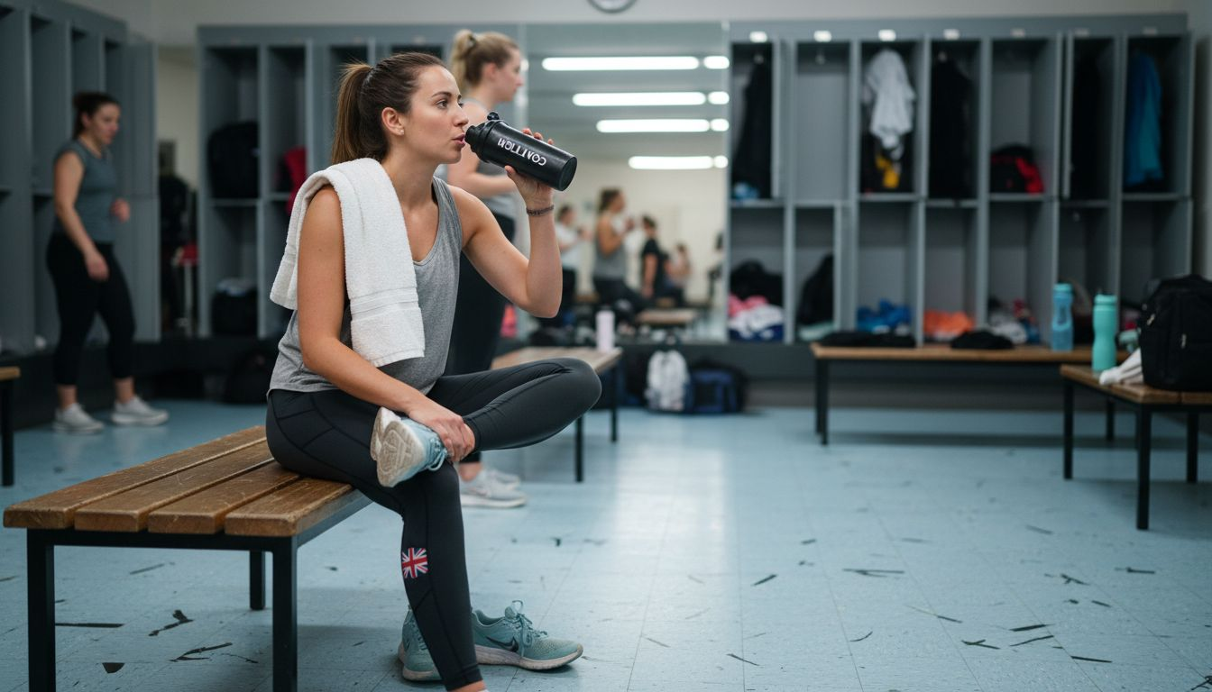 Woman stretching in gym locker room after workout