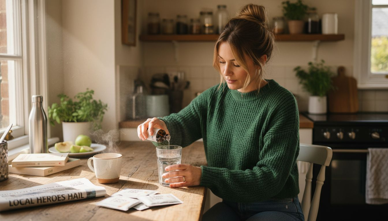 Woman preparing collagen supplement in kitchen