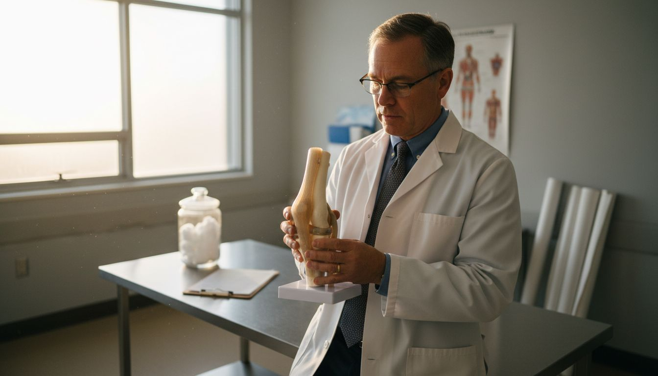 Doctor holding knee tendon model for discussion