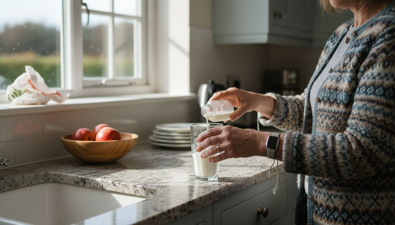Woman pouring liquid protein supplement in kitchen
