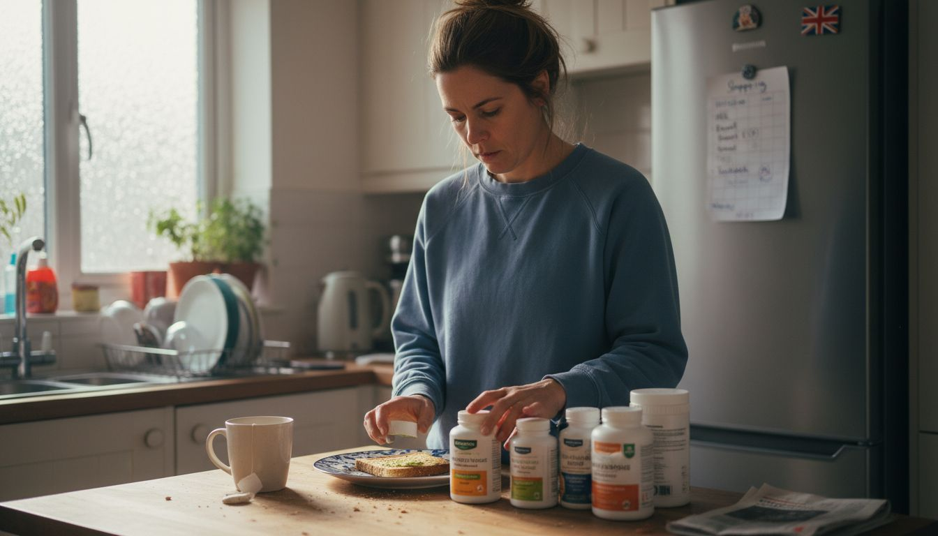 Woman sorting gluten-free supplements in UK kitchen