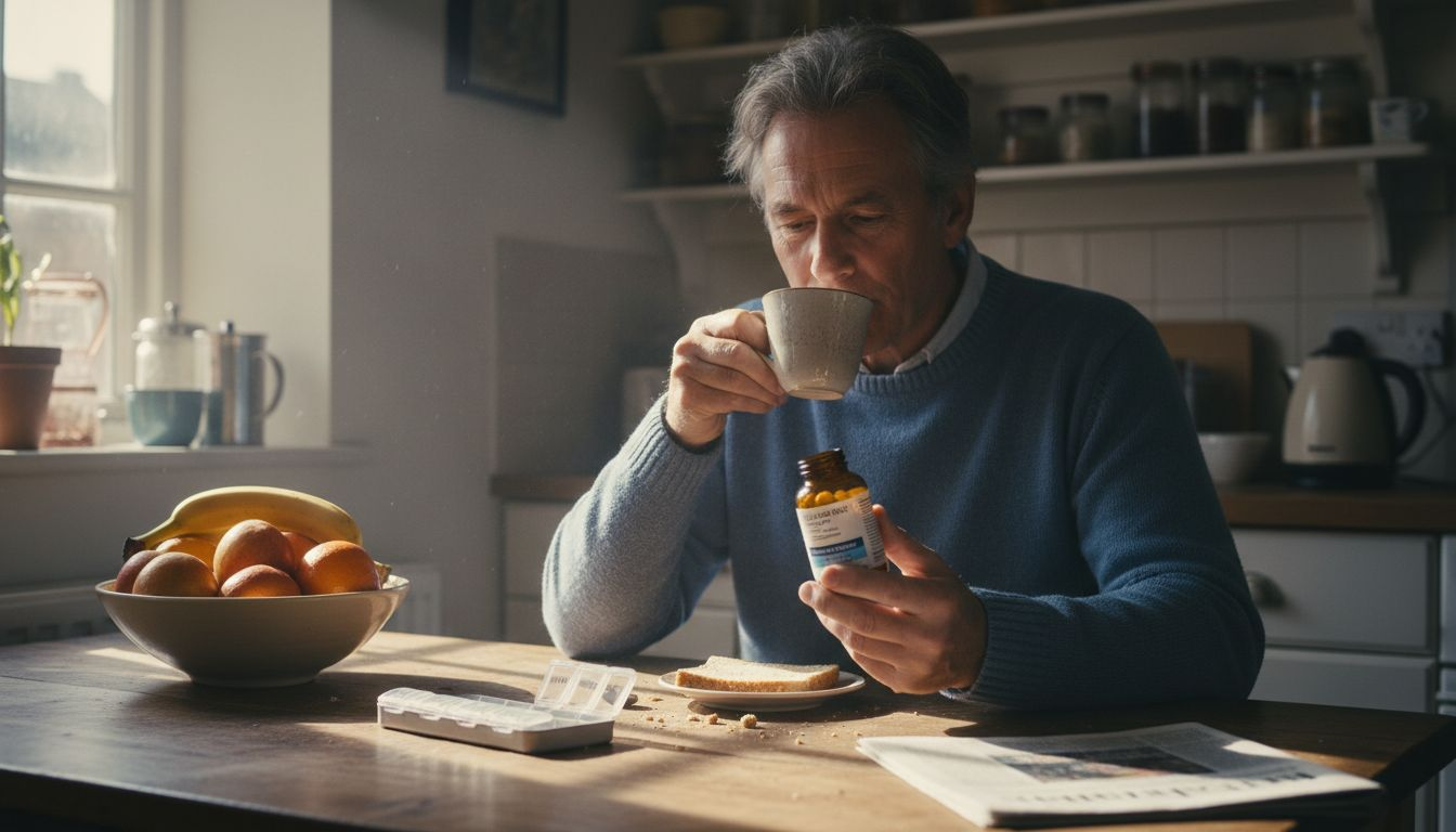 Man taking bone health supplement at breakfast