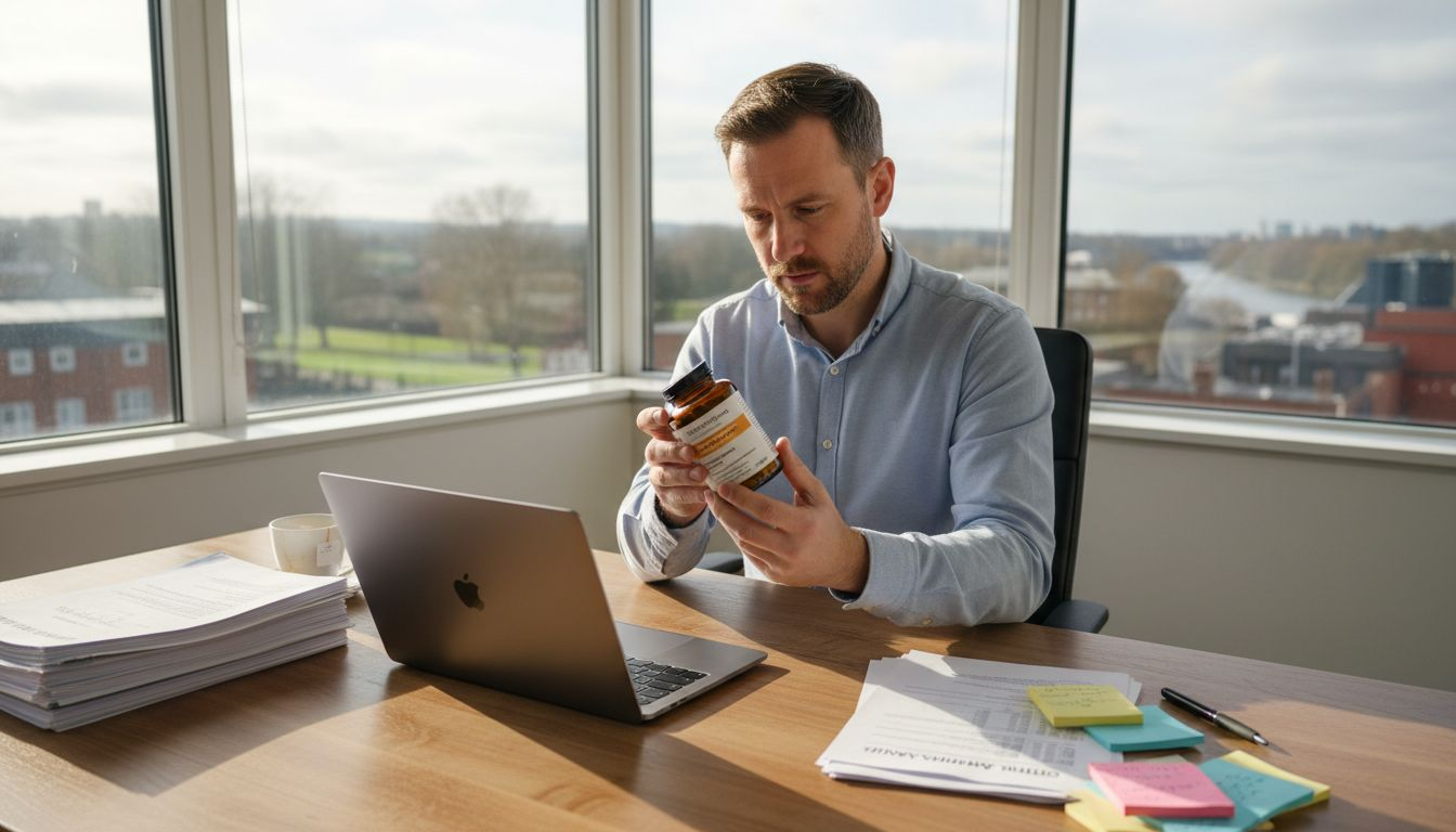 Product manager checking supplement label in office