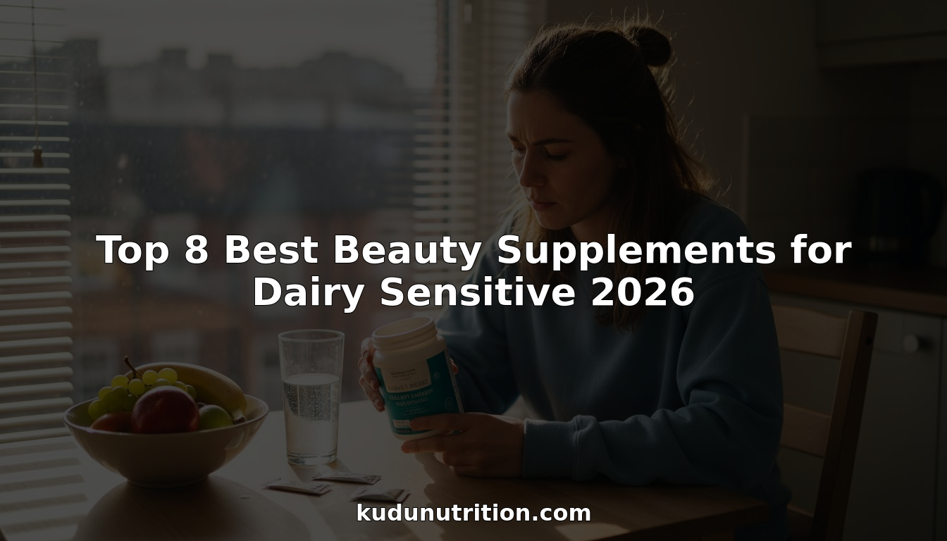 Woman reading collagen supplement label in sunlit kitchen