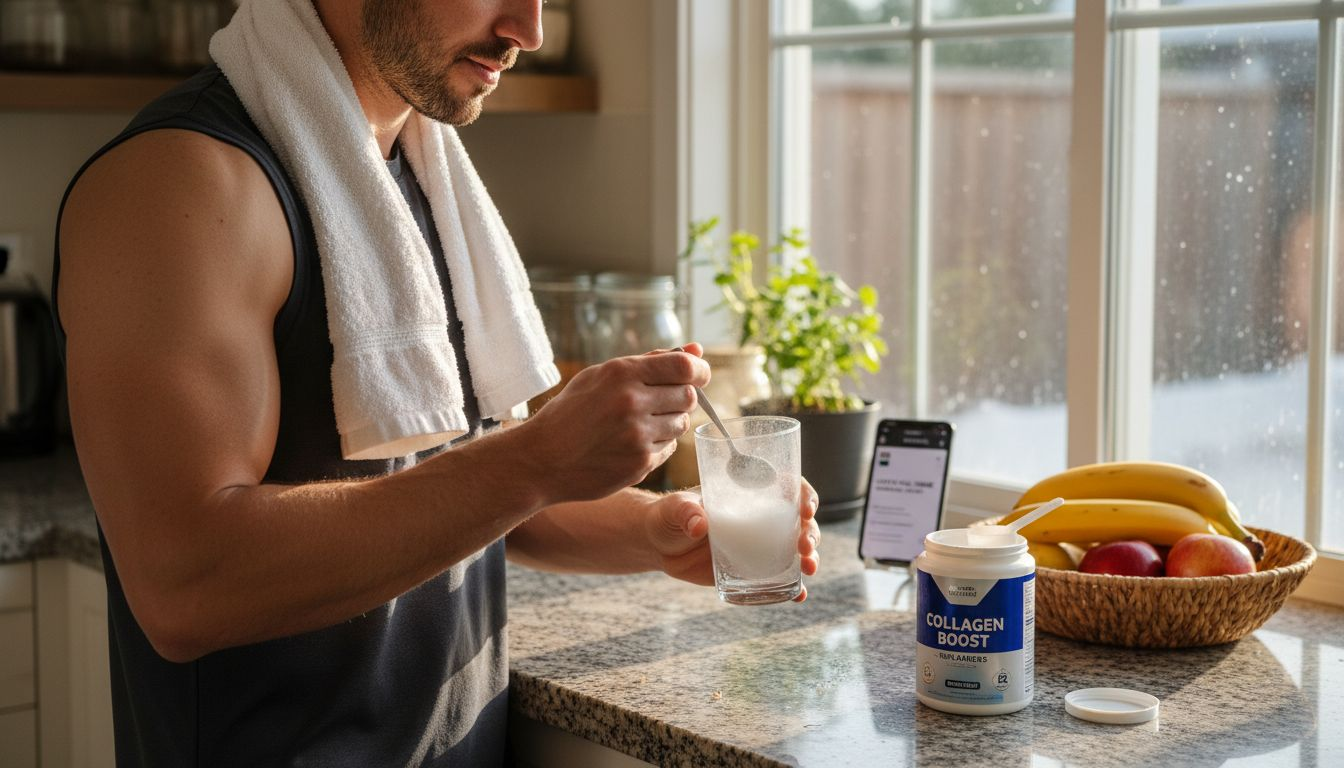 Athlete mixing collagen powder in kitchen
