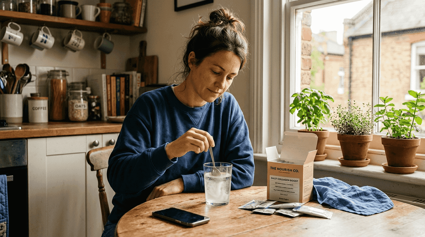 Woman preparing collagen peptide drink at kitchen table