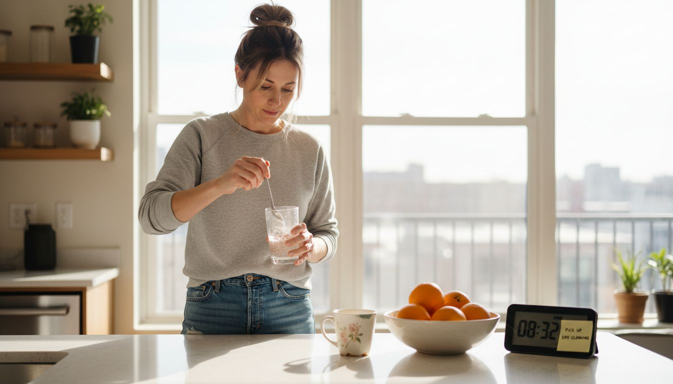 Woman mixing collagen in bright kitchen