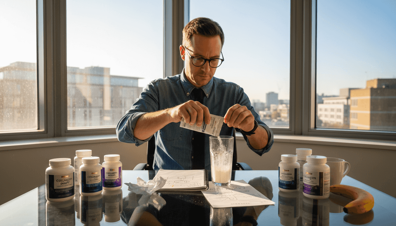 Nutritionist sorting collagen supplement containers