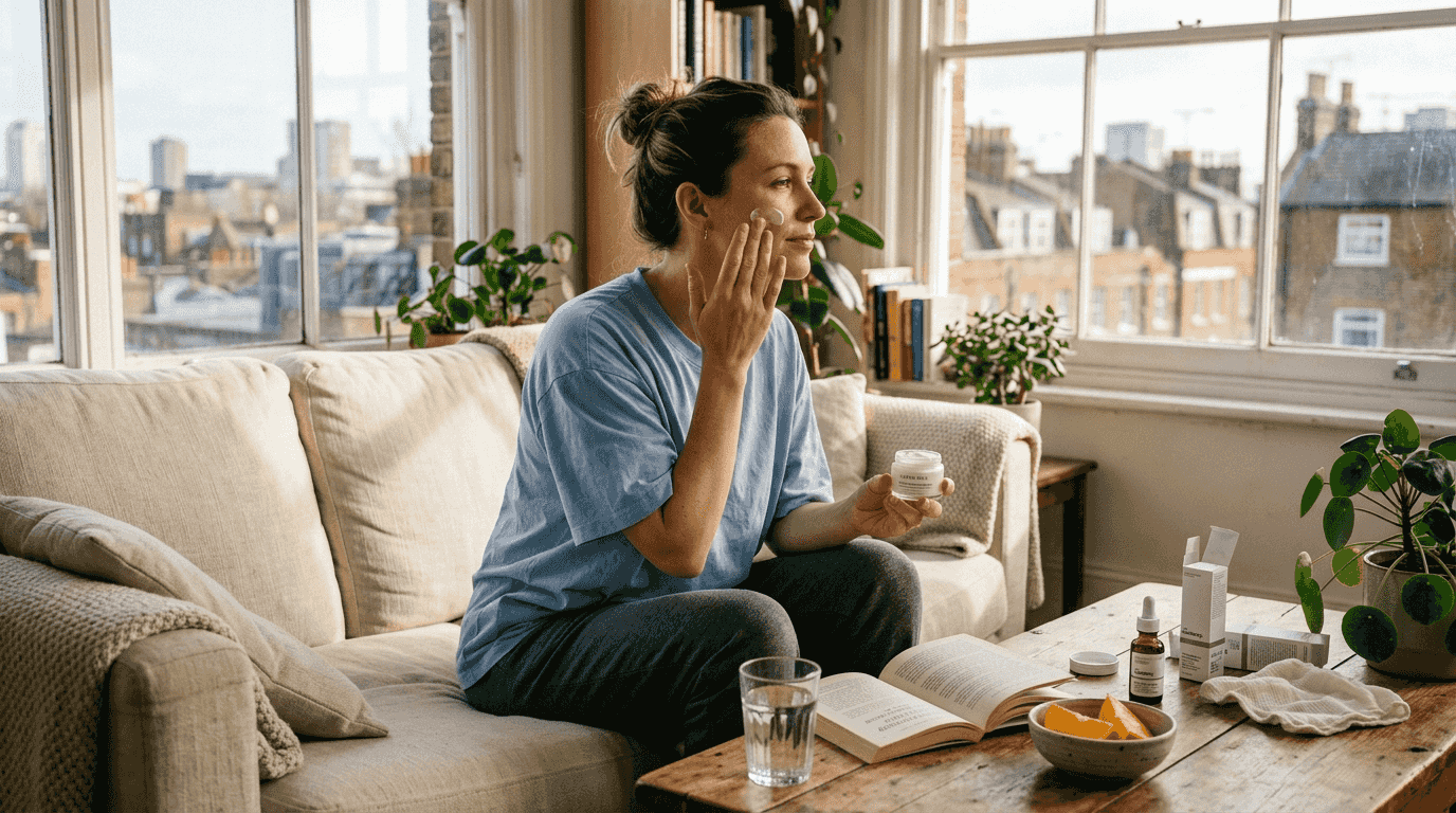 Woman applying moisturizer in sunlit living room