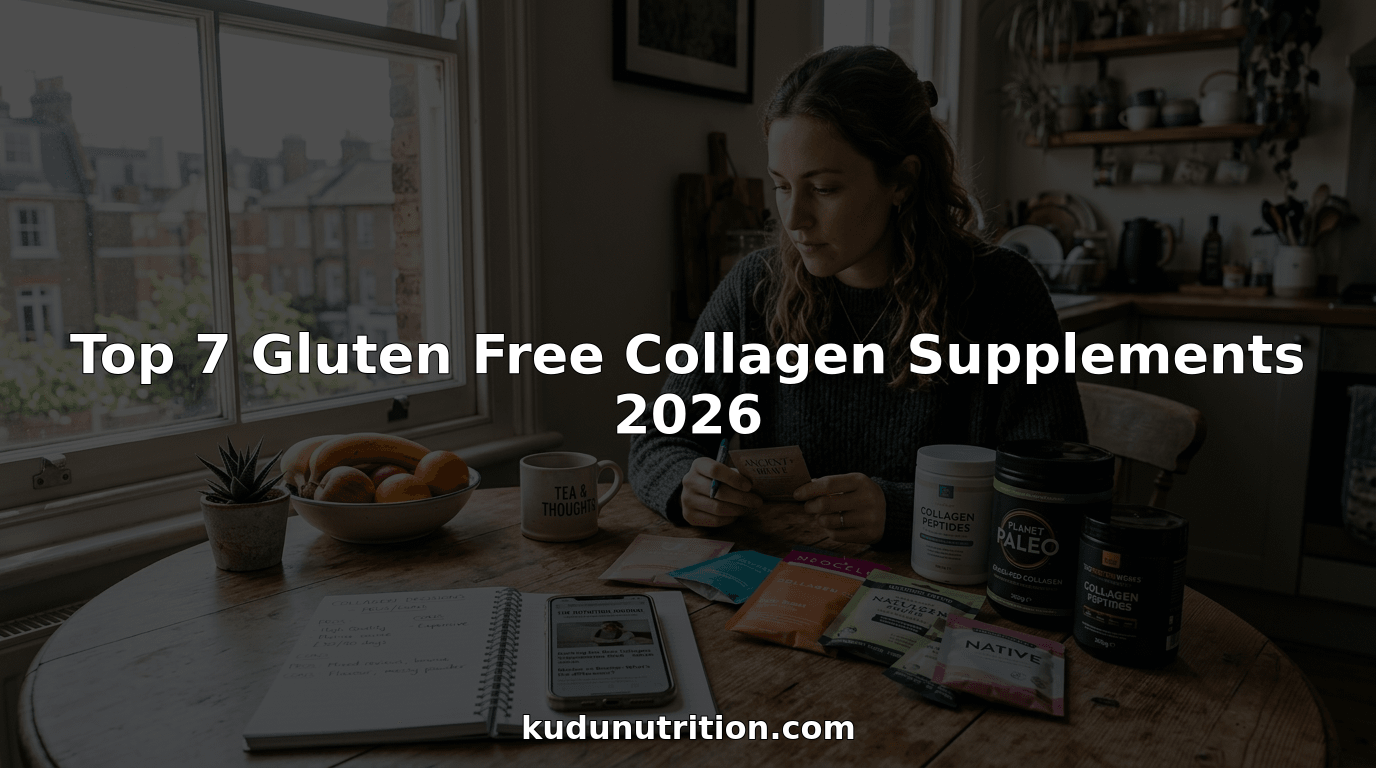 Woman comparing gluten free collagen supplements at kitchen table