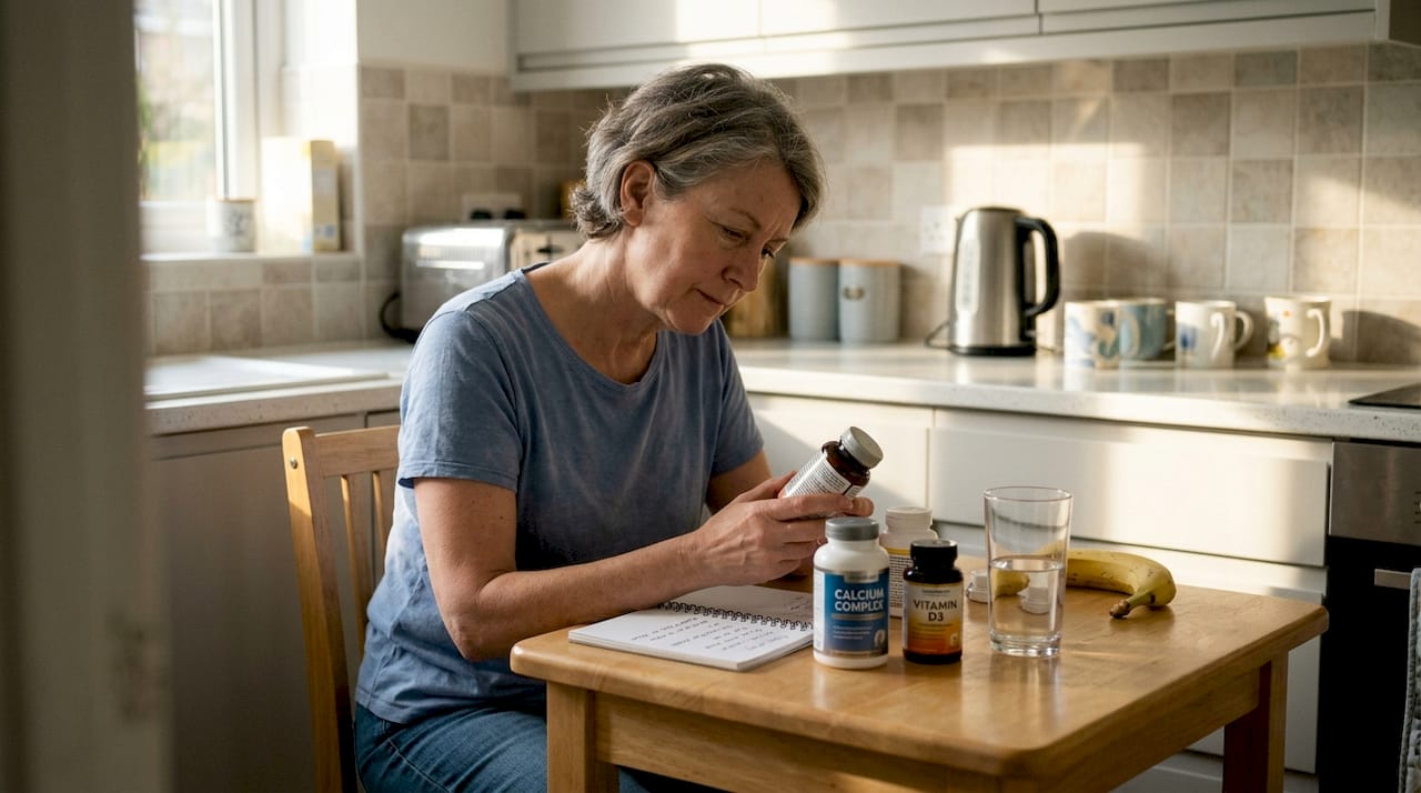 Woman reading supplement labels at kitchen table